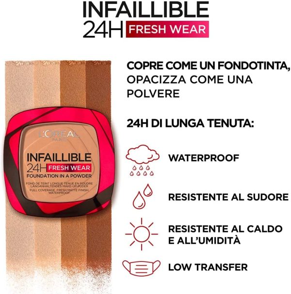 L'Or??al Paris Fondotinta In Polvere Infaillible 24h, Ultra-Coprente e Opacizzante a Lunga Tenuta, Formula Traspirante, Tonalit??: 120 Vanilla - immagine 2