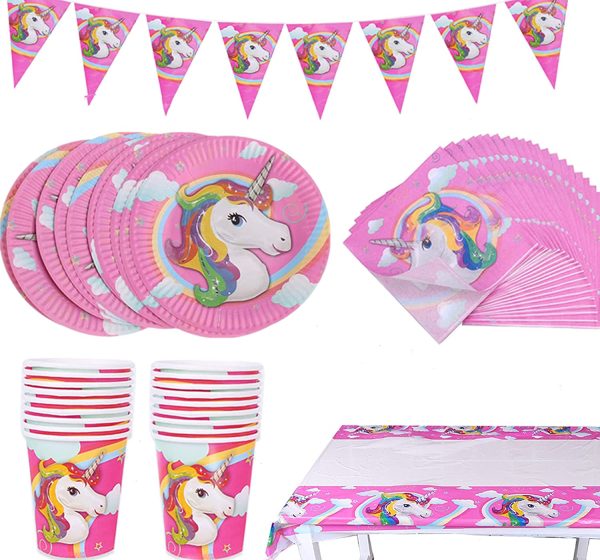 Amycute Unicorno Piatti Tovaglioli Tovaglia Bicchieri Banner - Serve 20 Ospiti, Stoviglie di Unicorno, Unicorno per Festa di Compleanno per Bambini Baby Shower