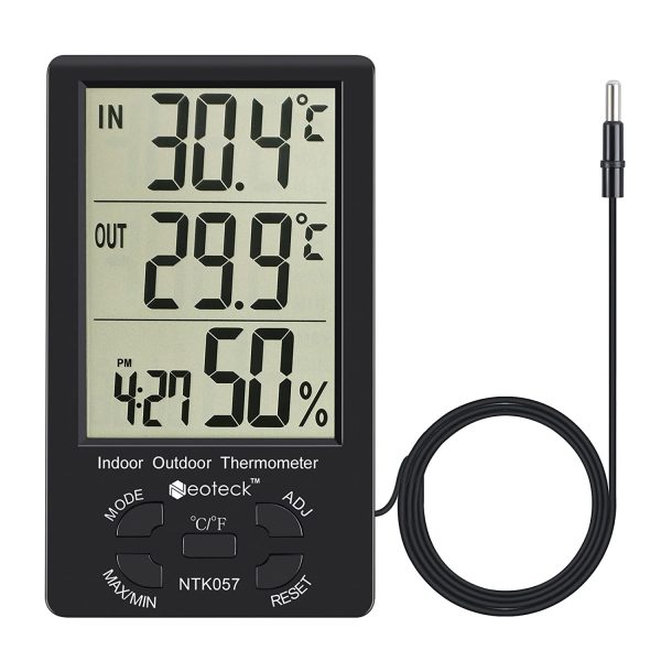 Neoteck Digitale LCD Termometro Igrometro Interno Esterno Misuratore Temperatura Umidit?? Valore Min/Max con Funzione Sveglia e 1.5M Filo di Sensore per Controllo di Aria Condizionata -Nero - immagine 3