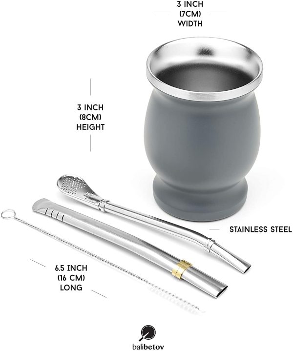 Mate Argentino Doppia Parete in Acciaio Inox Yerba Mate Set (Tazza Mate) con Bombilla (Paglia Yerba Mate) (Grigio) - immagine 5