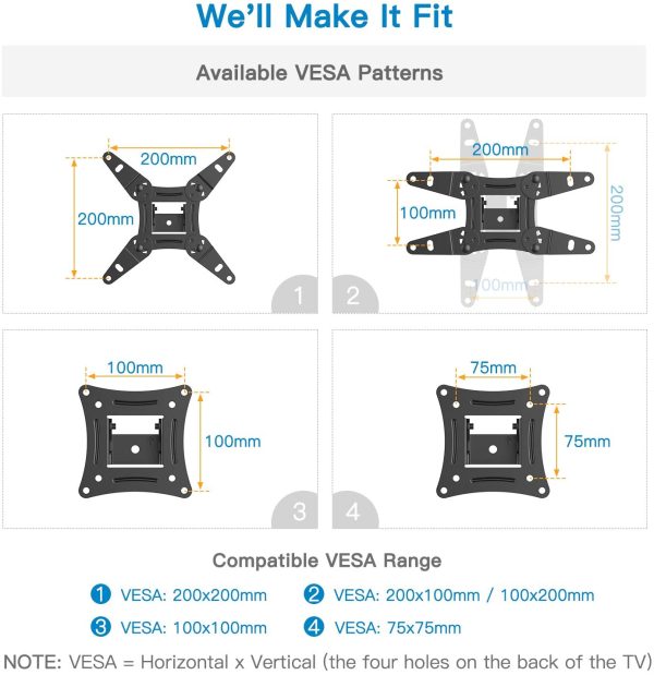 Supporto TV universale, Orientare, Inclinare, Ruotare ?C Adatto per TV LCD/LED a Schermo Piatto tra 13 e 42 pollici ?C Estendibile di 38.5cm ?C Sostiene fino a 20kg ?C Foratura VESA Massima 200X200mm