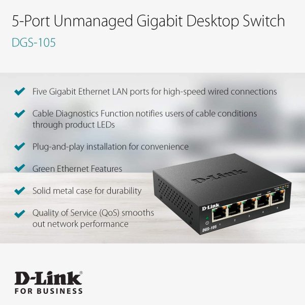 DGS-105 Switch 5 Porte Gigabit, Struttura in Metallo, Nero - immagine 7