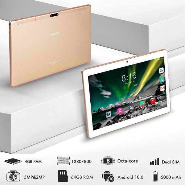 Tablet 10 Pollici -  Android 10.0 Certificato da Google GMS Tablet 4G LTE,4 GB di RAM e 64 GB, Doppia SIM,GPS,WiFi,Ttastiera Bluetooth,Mouse,Custodia per Tablet e Altro Incluso - Gold