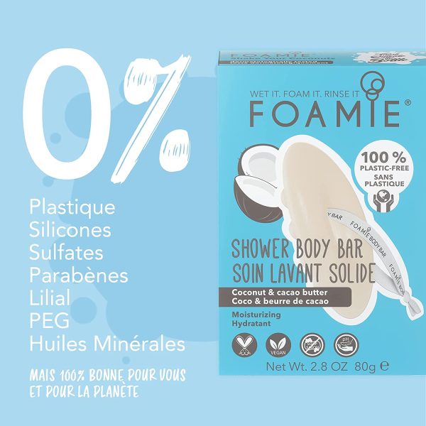 Foamie Gel doccia solido per pelle secca con estratto di cacao e olio di cocco idratante per la pelle senza plastica 100% vegano e effeto massaggio 80g - immagine 6