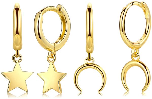 CERSLIMO Orecchini a cerchio in oro da donna con piccolo ciondolo a forma di luna e stelle, per donne e ragazze, placcati oro 10 carati - immagine 7