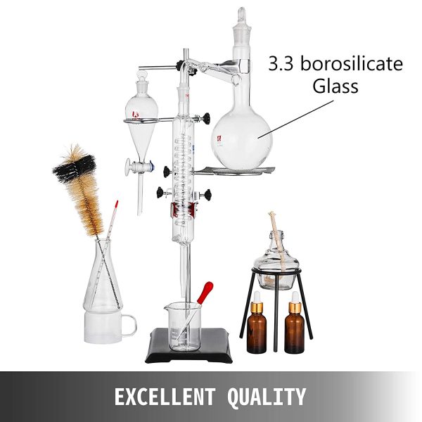 VEVOR Professional Laboratory Distillation Glass Kit 25 Pezzi, Unit?? di Distillazione del Vetro da Laboratorio, Apparecchio di Distillazione del Condensatore, Distillazione di Acqua Pura 500 ml - immagine 9