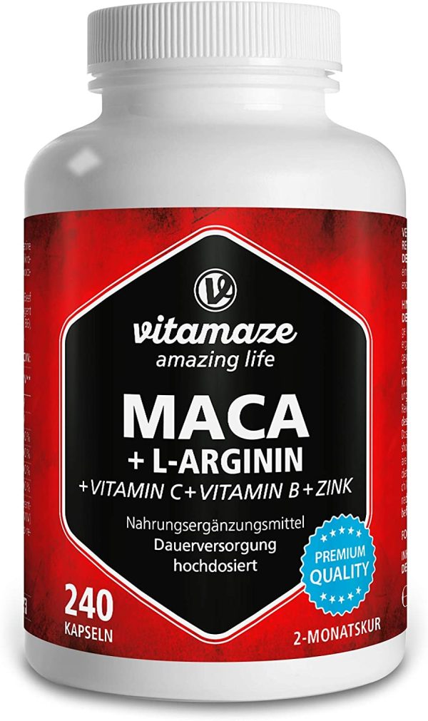 Vitamaze® Maca Capsule ad Alto Dosaggio 4000 mg Polvere + L-Arginina + Vitamine + Zinco, 240 Capsule per 2 Mesi, Qualità Tedesca, Maca Root Peruviana delle Ande, Qualità Tedesca, senza Additivi - immagine 2