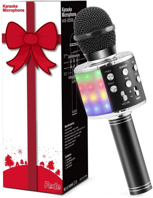 Fede Microfono Karaoke Bluetooth Wireless per Bambini, Karaoke Portatile con Luci LED Multicolore per Cantare, Funzione Eco, Compatibile con Android/iOS, PC o smartphone