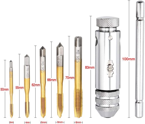 Giramaschi a Cricchetto Set includere 5 Pezzi Maschi per Filettare Titanio Rivestito in HSS M3 M4 M5 M6 M8 und Giramaschi Regolabile a Cricchetto a T - immagine 6