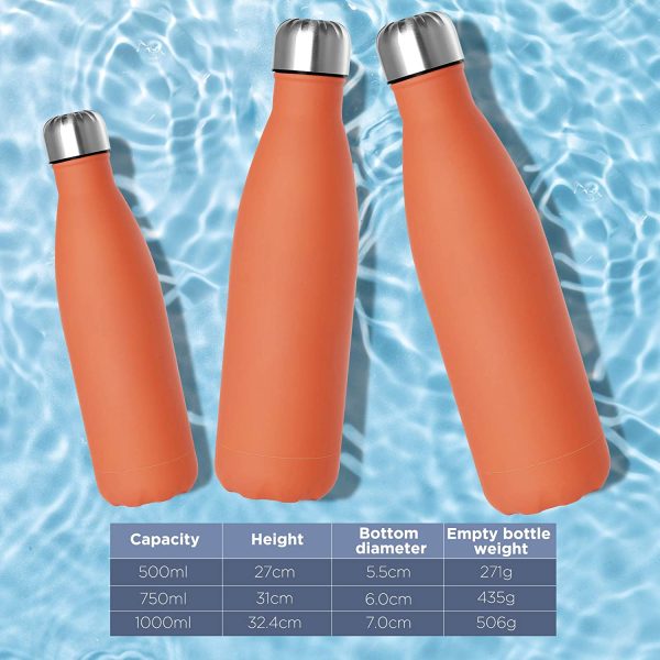 Bottiglia Termica 500ML Opaco Borraccia in Acciaio Inox+Spazzola+Borsa Portatile Bottiglia d'Acqua Sportiva Tenere 12H Caldo/24 Freddo Borraccia Termica per Campeggio,Scuola,Palestra Arancia - immagine 8