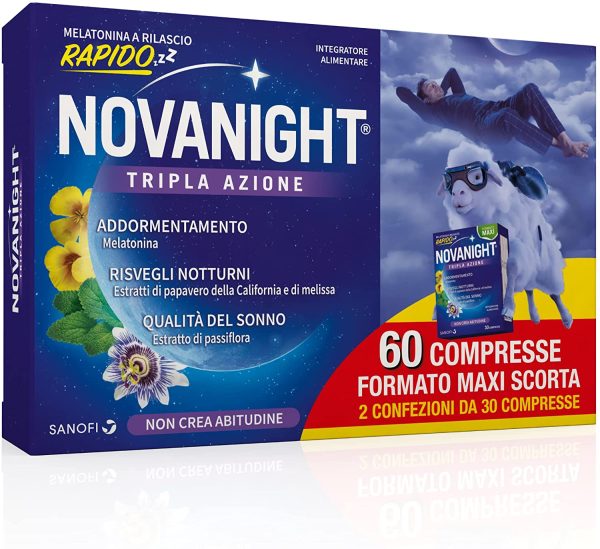 Novanight, Tripla Azione, Integratore Alimentare, Melatonina, Senza Glutine, 30+30 Compresse - immagine 2