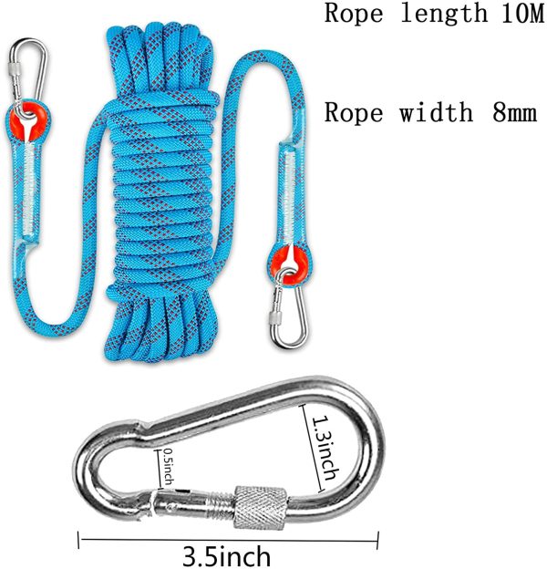 Corda da Arrampicata Fune di Sicurezza, Corda Arrampicata All'aperto, Outdoor Rock Climbing Fune di Sicurezza, Corda Arrampicata Corda Resistente,Escape Rope con 2 Moschettone Diametro 10mm Blu - immagine 2