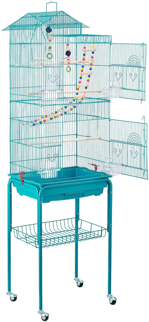 Yaheetech Gabbia Voliera per Uccelli Pappagalli con Piedistallo Inseparabili Calopsite Ruote in Metallo Giocattoli da Interno e Esterno 46 x 35,5 x 158,5 cm Azzurro - immagine 4