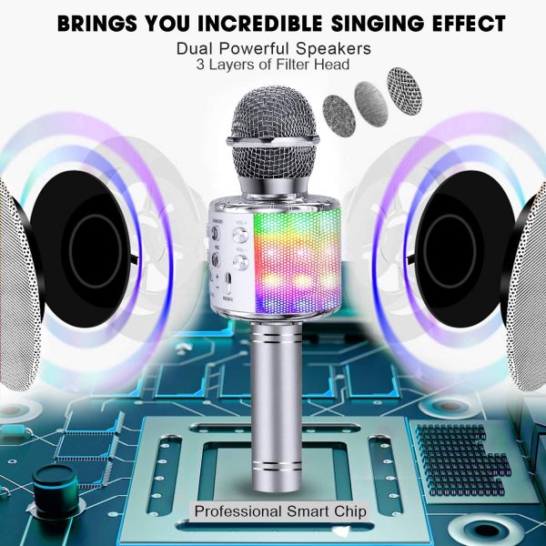 ShinePick Microfono Karaoke, 4 in 1 Bluetooth Wireless LED Flash Microfono Portatile Karaoke Player con Altoparlante per Android/iOS, PC e Smartphone (Argento) - immagine 3