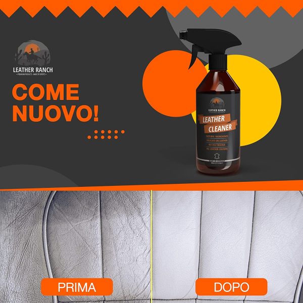 LeatherRanch Spray Pulizia Pelle - Detergente Pelle Naturale - Ideale Pulizia Scarpe Pelle, Divano in Pelle e Interni Auto in Pelle - Pulisce e Rinnova Volante in Pelle - Pulizia Interni Auto, 500 ml - immagine 6