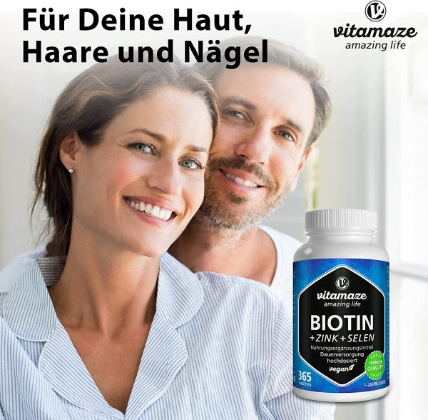 Vitamaze? Biotina 10000 mcg + Selenio + Zinco per Pelle, per la Crescita dei Capelli e Unghie Sani, 365 Compresse per 12 Mesi, Vitamina B7, Integratore senza Additivi non Necessari, Qualit?? Tedesca - immagine 5