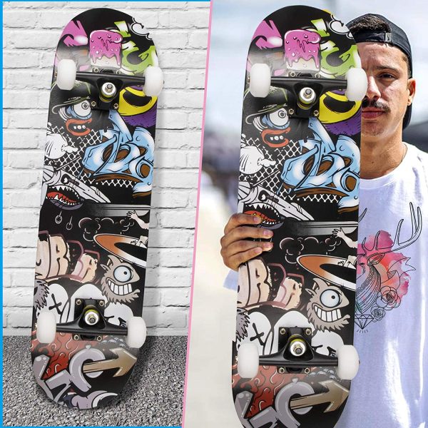 Skateboard per Principiante, 80x20 cm Skateboard Completo in Legno per Bambino Adolescenti Adulto, 7 Strati di Acero Doppio Kick Deck Concavo Trick Cruiser con lo strumento T Tutto in Uno - immagine 3