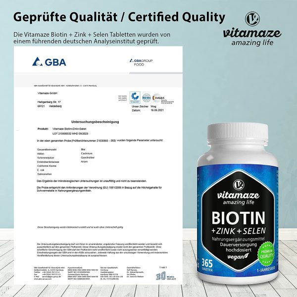 Vitamaze? Biotina 10000 mcg + Selenio + Zinco per Pelle, per la Crescita dei Capelli e Unghie Sani, 365 Compresse per 12 Mesi, Vitamina B7, Integratore senza Additivi non Necessari, Qualit?? Tedesca - immagine 3