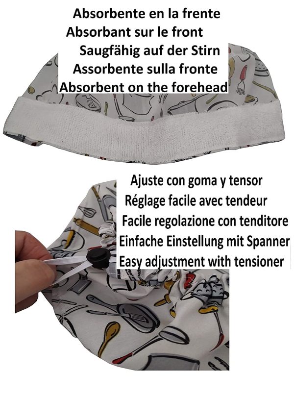 Cappello da cuoco da donna UTENSILI DA CUCINA per Capelli Lunghi Catering Con assorbente sulla fronte Regolabile a piacere senza nodi con tenditore - immagine 5