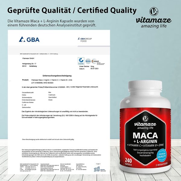 Vitamaze® Maca Capsule ad Alto Dosaggio 4000 mg Polvere + L-Arginina + Vitamine + Zinco, 240 Capsule per 2 Mesi, Qualità Tedesca, Maca Root Peruviana delle Ande, Qualità Tedesca, senza Additivi - immagine 4