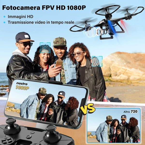 Maetot Drone con Telecamera, Drone 1080P HD FPV per Principianti/Modalit?? Hovering/3D Flip/Modalit?? Headless/Controllo dell'APP dei gesti vocali/Ritorno con un clic/26 minuti di volo/2Batterie&Valigia - immagine 7