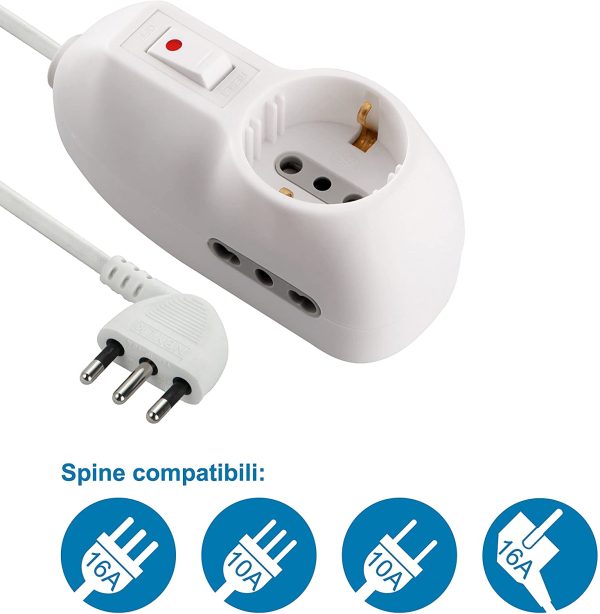 62023 Multipresa Protetta, Cavo da 1 m, 3G0.75, Spina 10 A, Prese 1 Italiana/Tedesca e 2 Bipasso 10/16A, Interruttore di sicurezza, Bianco, 1m - immagine 4