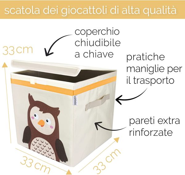 Cesto Portagiochi Bambini - 15 Motivi I Contenitore per Giocattoli con Coperchio I Scatola Portaoggetti (33x33x33) Box compatibile con Kallax I Cesta porta giochi Cameretta - Gufo - immagine 3