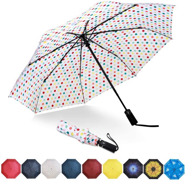 Amazon Brand - Eono Ombrello Portatile Automatico Antivento, Ombrello Pieghevole Compatto, Folding Umbrella, con Stecche Rinforzate in Teflon, Impugnatura Ergonomica - Bianco/Punto colorato - immagine 6