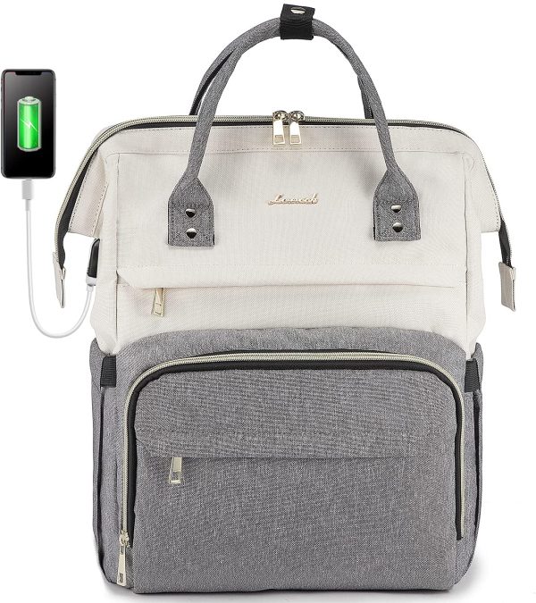 Zaino Porta PC Donna, Zaino Antifurto Impermeabile Donna, Zaino per Laptop Portatile 17 Pollici, Zaino per Viaggi Affari, Beige e Grigio