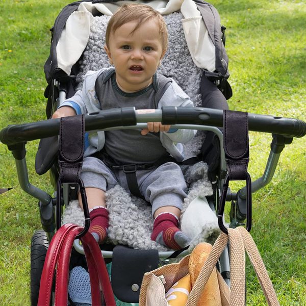 Bdwing Ganci per Passeggino, 4 Pezzi Multiuso Gancio Clip per Passeggino Carrozzina Accessori, Universale per Appendi Borse per Cambio Bambino e Borsa per la Spesa, Nero e Marrone - immagine 6