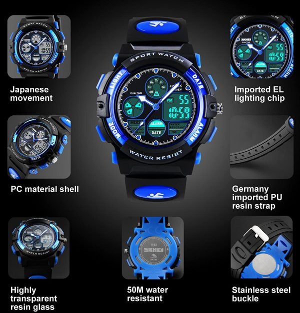 Bambini orologi digitali analogici per ragazzi - Childrens Outdoor orologio sportivo con allarme/Dual Time/LED, 5 atm impermeabile elettronico analogico da polso sportiva per adolescenti