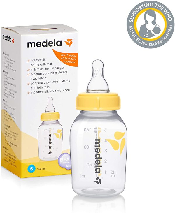 Medela Tettarella per Latte Materno a Flusso Lento con Biberon da 150 ml senza BPA, Supporta il Naturale Comportamento di Suzione del Bambino, Inclusa Bottiglia per Congelatore e Frigorifero