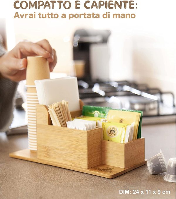 Porta Accessori da caff?? Cialde in bamb?? - ideale x Zucchero in Bustine, The, Palette, Tisane, Bicchierini e Tovagliolini Bar di Carta - Organizer da Tavolo per Casa e Ufficio - immagine 7