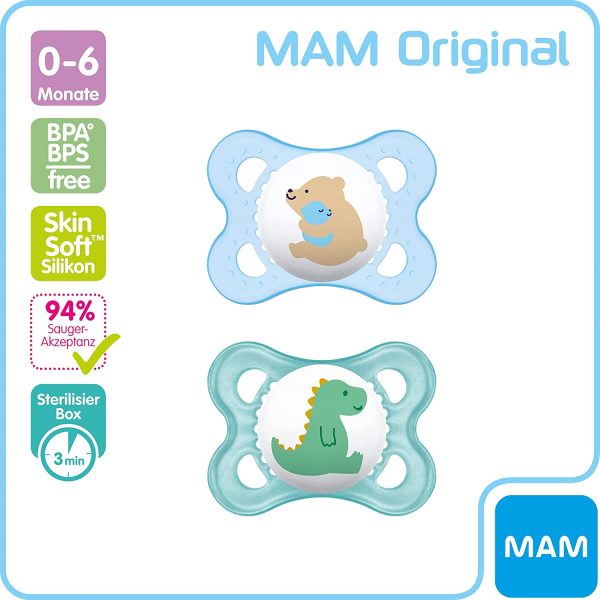 MAM Ciuccio Original in Silicone, Design Ortodontico, in Silicone Speciale Mam Skinsoft, Con Scatola Per Ciuccio, 0-6 Mesi, Motivo: Orso/Dinosauro, Set Da 2 Pezzi, Istruzioni In Lingua Straniera - immagine 6