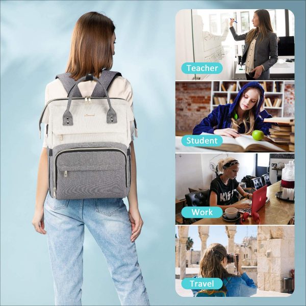 Zaino Porta PC Donna, Zaino Antifurto Impermeabile Donna, Zaino per Laptop Portatile 17 Pollici, Zaino per Viaggi Affari, Beige e Grigio - immagine 3