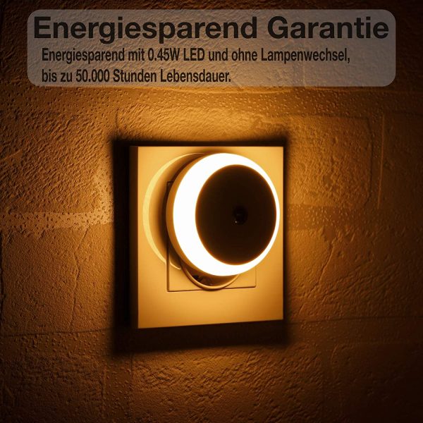 Luce Notturna LED, Con Sensore Crepuscolare, Luce Diffusa, Classe di Efficienza Energetica A, Luce Notturna per Camera da Letto, Bagno, Corridoio, Scale, Camera dei Bambini, Bianco Caldo, 2 Pezzi - immagine 8