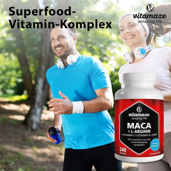 Vitamaze® Maca Capsule ad Alto Dosaggio 4000 mg Polvere + L-Arginina + Vitamine + Zinco, 240 Capsule per 2 Mesi, Qualità Tedesca, Maca Root Peruviana delle Ande, Qualità Tedesca, senza Additivi - immagine 6