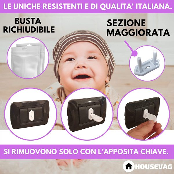 HOUSEVAG? Copriprese per Bambini - 20 Copriprese Bambini Universali Italiane e Schuko, Copri Presa Elettrica per Sicurezza Bambini-Copripresa Elettrica per Bambini CON BUSTA RICHIUDIBILE (Bianco) - immagine 8