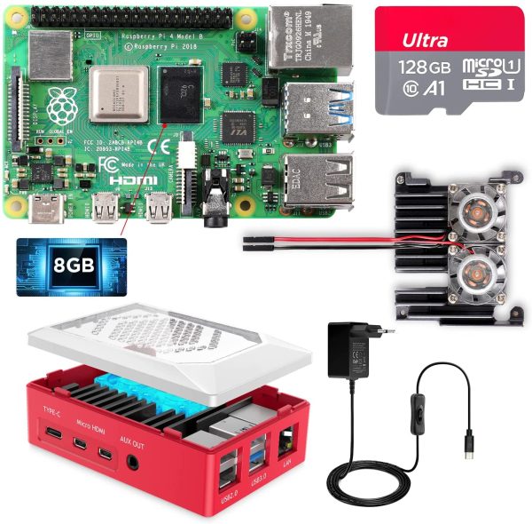 Raspberry Pi 4 Model B 8GB RAM Kit, RPi Barebone con MicroSD Card 128GB, Type C Alimentatore 5.1V 3A, 2 Micro HDMI Cavi, Ventola, Raspberry Pi4 Custodia Rossa, Lettore di Scheda -RPi 8128 - immagine 9