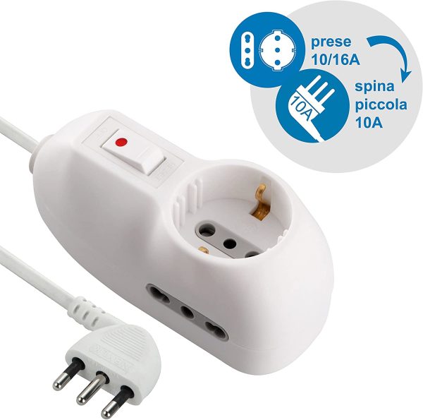 62023 Multipresa Protetta, Cavo da 1 m, 3G0.75, Spina 10 A, Prese 1 Italiana/Tedesca e 2 Bipasso 10/16A, Interruttore di sicurezza, Bianco, 1m - immagine 3