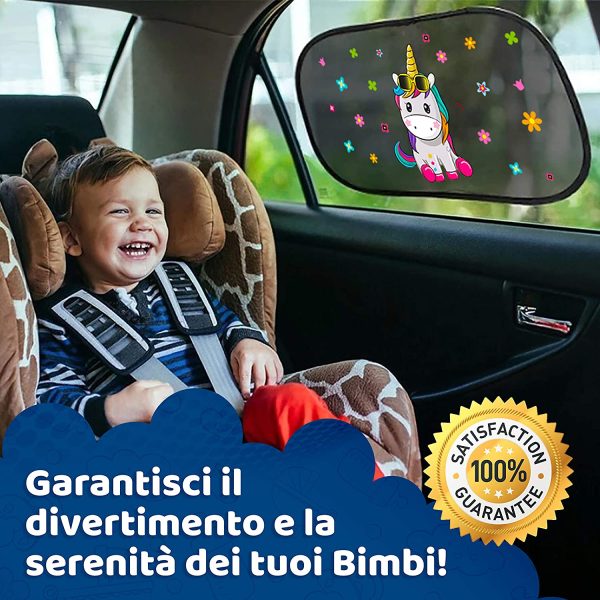 AlmaLuna | Tendine Parasole Auto Bambini - Protezione Solare 99% dai Raggi UV - 2 Pezzi 51x31 cm 80g/m2 - Accessori Macchina per Interno Tende Oscuranti - Design Neonati E Bimbi (Unicorno) - immagine 3