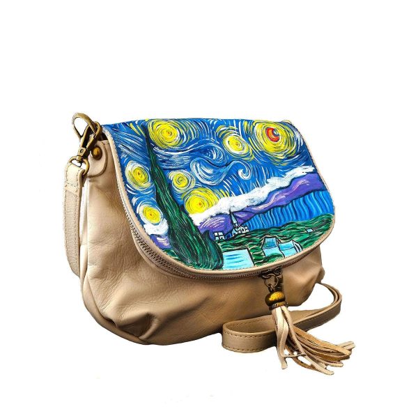 Borsa dipinta a mano ?C LA NOTTE STELLATA DI VAN GOGH - borsetta a tracolla, borsetta donna, tracolla, Vera Pelle, Made in Italy, in Pelle Dipinta, Borsetta e Borse a Tracolla, Lavorazione Artigianale - immagine 2