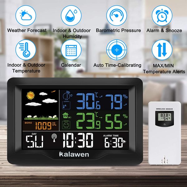 Kalawen Stazione Meteo Meterologica Automatica Digitale Wireless con Ultra-Ampio Schermo LCD Display Sveglia Tempo Data Temperatura umidit?? Previsioni Meteo con Sensore Esterno - immagine 4