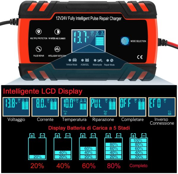 Mantenitore di Carica Auto 12V/24V 8A, Intelligente Automatico Caricabatterie Manutentore per Auto Moto Camion AGM Batteria con Schermo LCD - immagine 2