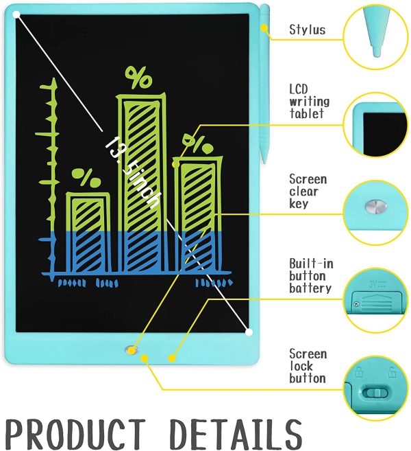 Tavoletta Grafica LCD Scrittura Digitale, 13.5 pollici Ewriter Tavolo da Disegno Magnetico, Elettronica LCD Writing Tablet Lavagna Cancellabile per Bambini Della Scuola Ufficio Progettist(Blu) - immagine 3