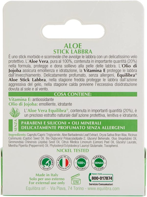 Equilibra Viso, Aloe Stick Labbra, Stick Labbra a Base di Aloe Vera, Idratante Labbra che Crea un Velo Protettivo Contro Gelo, Disidratazione, Sole e Vento in Ogni Stagione, 5,5 ml