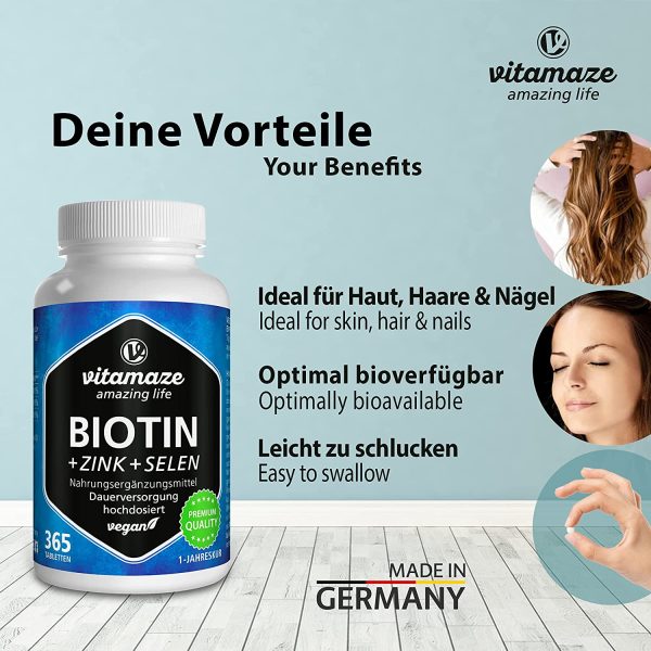 Vitamaze? Biotina 10000 mcg + Selenio + Zinco per Pelle, per la Crescita dei Capelli e Unghie Sani, 365 Compresse per 12 Mesi, Vitamina B7, Integratore senza Additivi non Necessari, Qualit?? Tedesca - immagine 6