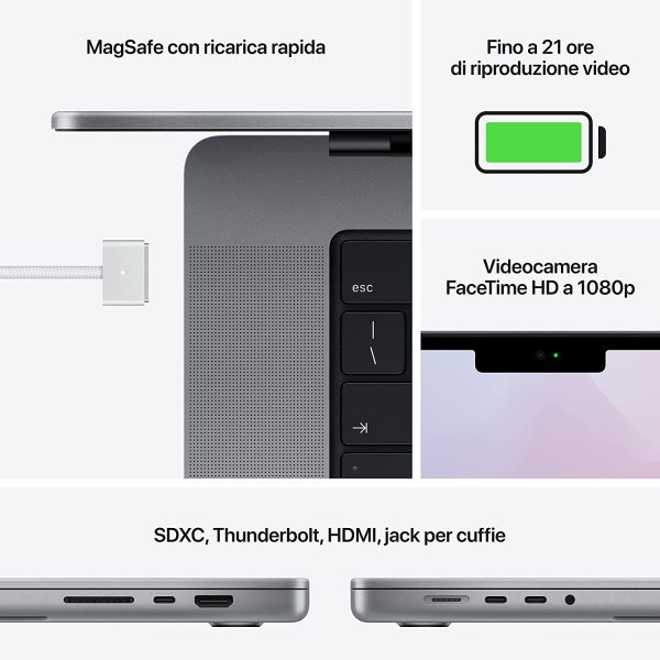 2021 Apple MacBook Pro (16", Chip Apple M1 Pro con CPU 10-core e GPU 16‑core, 16GB RAM, 1TB SSD) - Grigio siderale - immagine 2