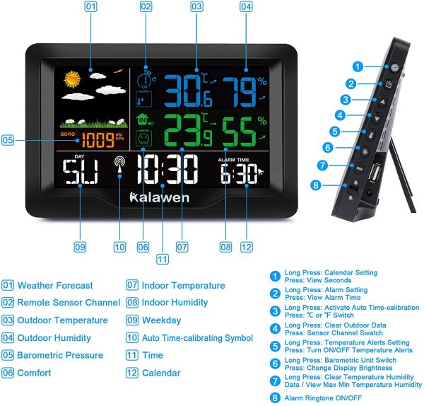 Kalawen Stazione Meteo Meterologica Automatica Digitale Wireless con Ultra-Ampio Schermo LCD Display Sveglia Tempo Data Temperatura umidit?? Previsioni Meteo con Sensore Esterno - immagine 6