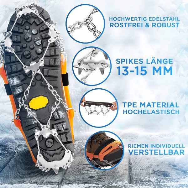 Ramponi premium per scarpe da montagna con 19 punte in acciaio inox ??Professionali antiscivolo per neve e ghiaccio ??Spikes invernali per scarpe ??catene per scarpe da trekking ??piste di ghiaccio - immagine 7